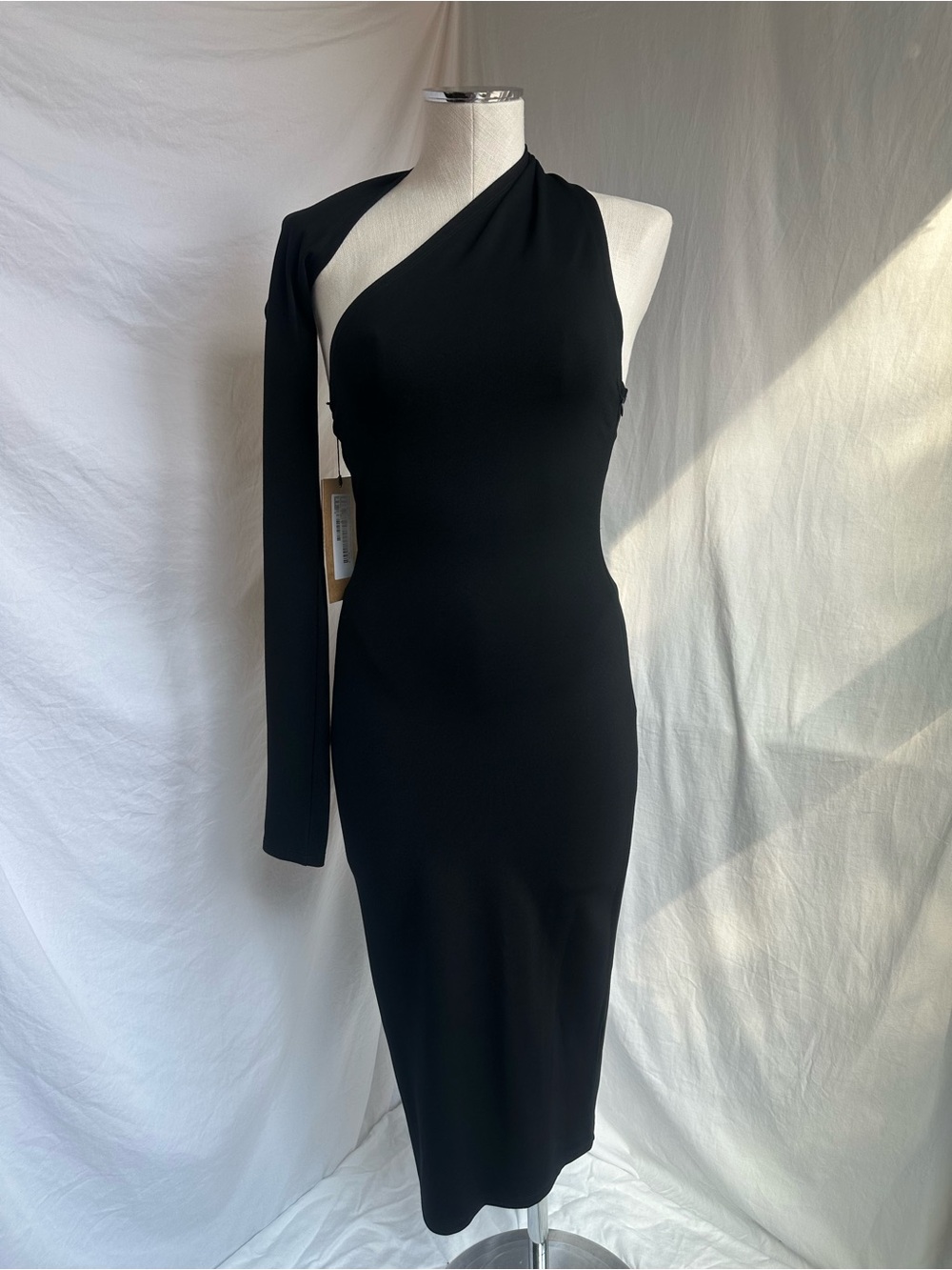 Marcella Manhattan One Shoulder Black Bodycon Midi Dress XS NWT